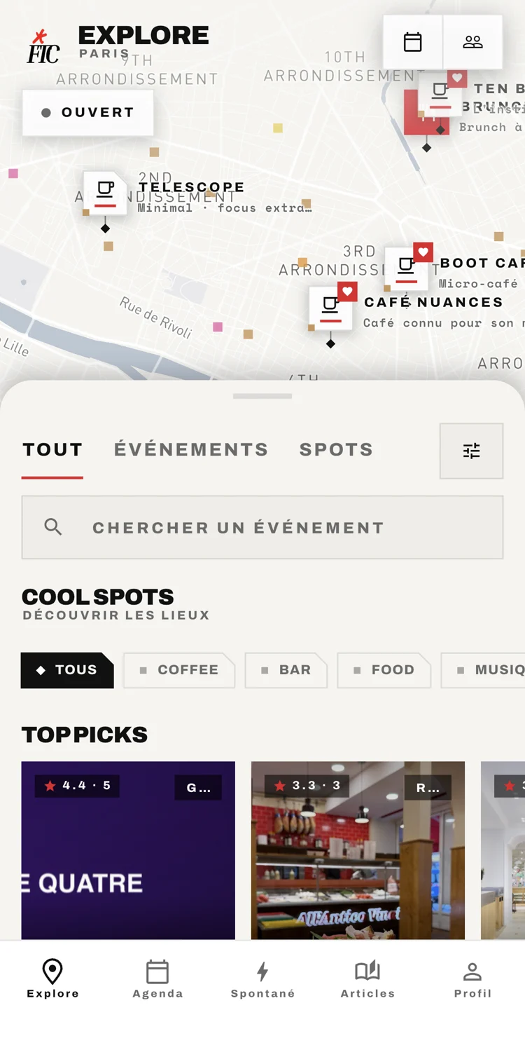 Écran Explore de l'application FTC