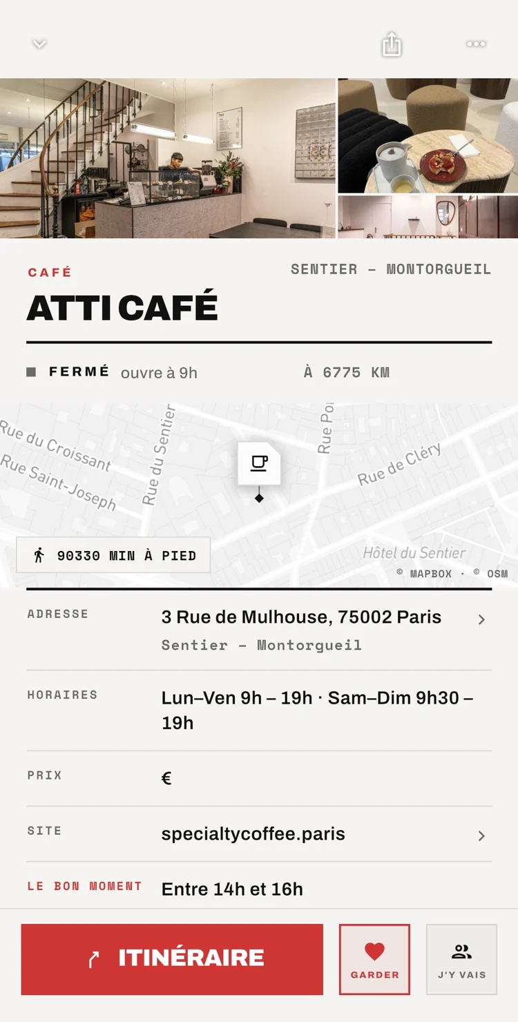 Écran Fiche lieu de l'application FTC